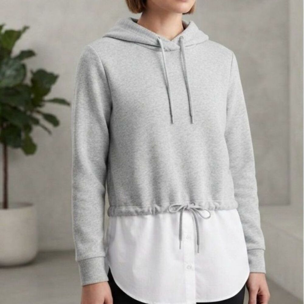 Athleta Heather Grey Layered Hoodie with Shirttail Hem Size M Button Shirt Hem